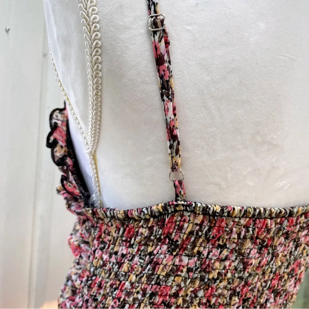 UO Iris Black Floral Sweetheart Spaghetti Strap Ruched Stretch Mini Dress - Picture 6 of 12